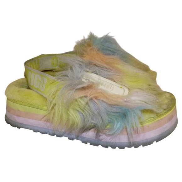 Size 7 UGG Women's Disco Slide Tie Dye Slippers Pastel Fluffy Blue Pink Yellow - Picture 3 of 11
